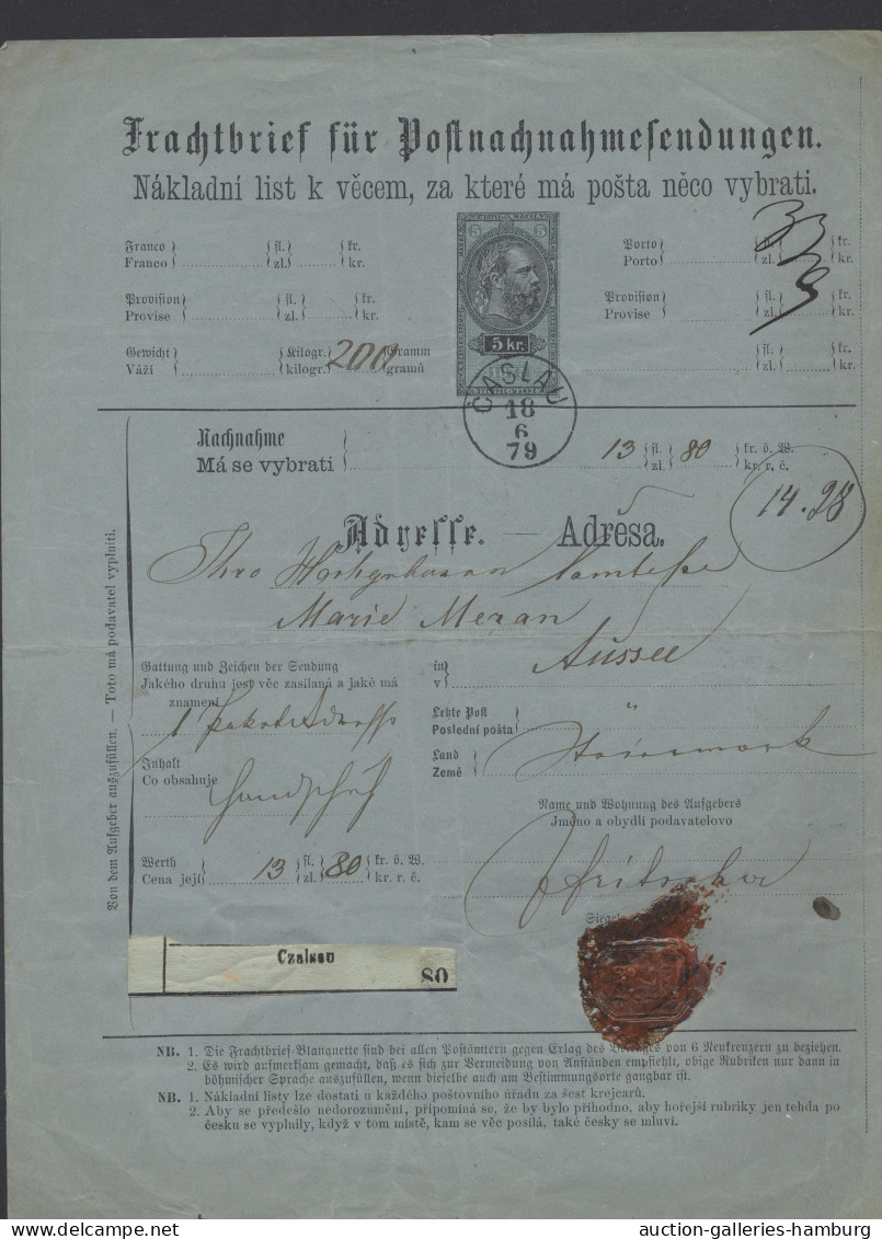 Brf./GA Österreich: 1866, vorgedruckter "Frachtbrief" mit 5 Kr. Steuermarke mit Poststem