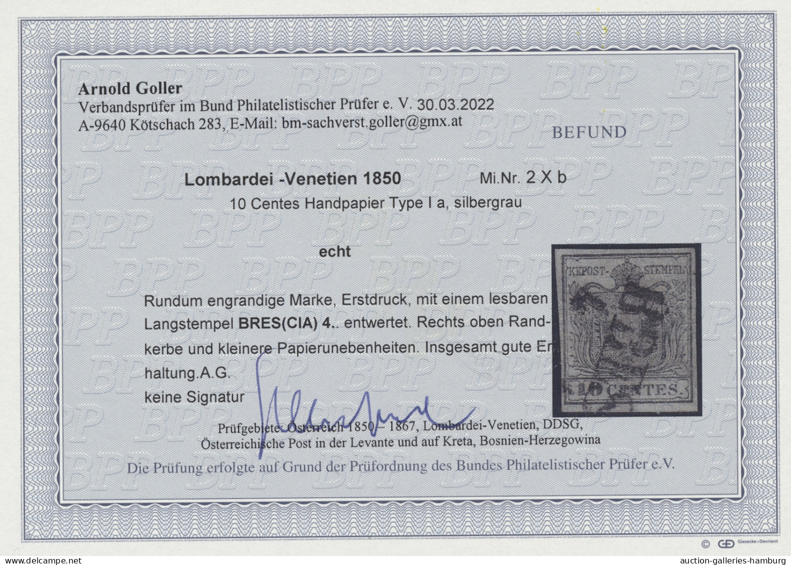 O Österreich - Lombardei Und Venetien: 1850, Freimarke 10 Centes Silbergrau (Erstd - Lombardo-Venetien