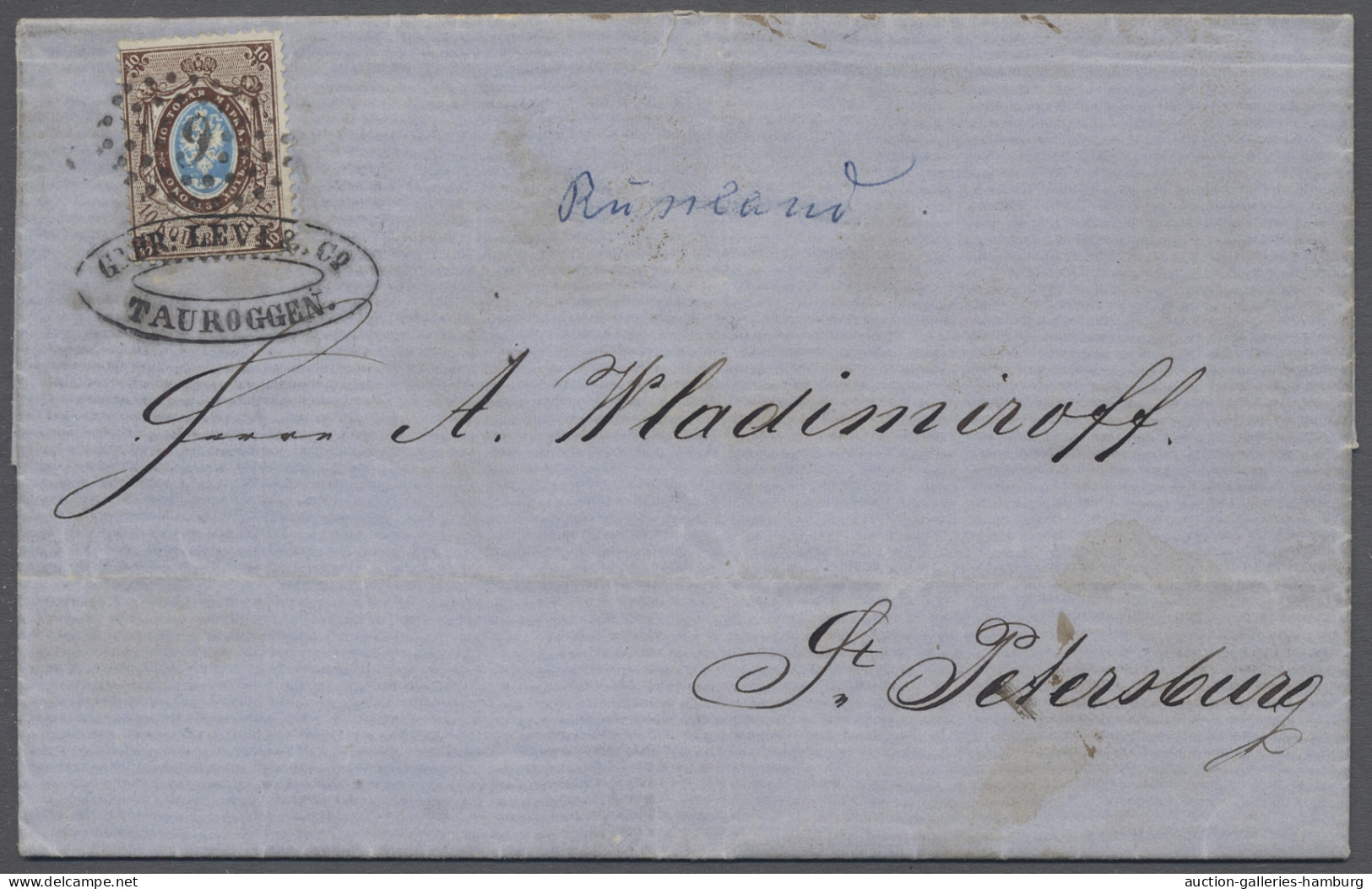 Cover Russia: 1858, Staatswappen, Posthörner Ohne Blitze, 10 K. Siena / Hellblau Auf D - Briefe U. Dokumente