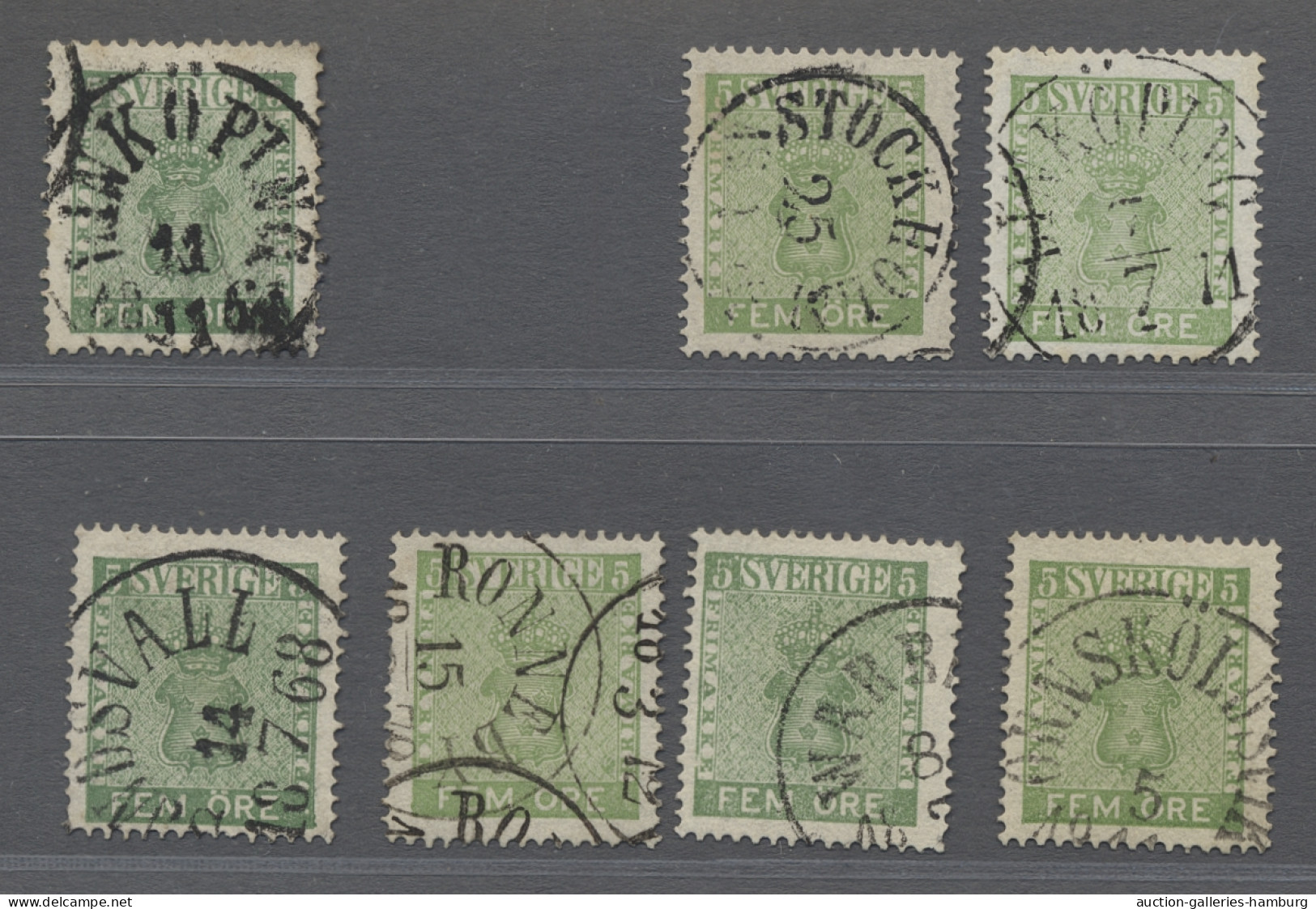 O Sweden: 1858, 5 Oere, 10 Choice Copies Showing Many Different Colour Shades Incl - Oblitérés