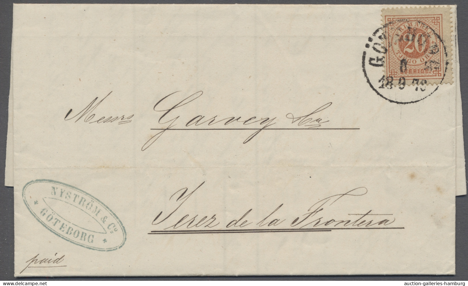 Cover Sweden: 1876, Sep 8, Destination Spain! El Bearing 20 Öre Numeral Type Perf 14 F - Lettres & Documents