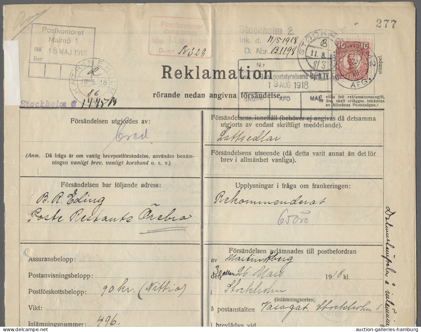 Cover Sweden: 1918, 10 Oere Oskar Franked On A Request For A Lost Registered Letter Fr - Covers & Documents