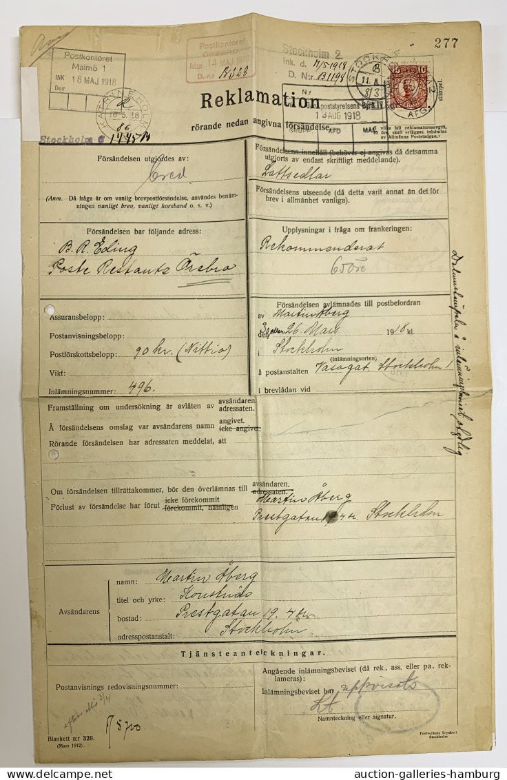 Cover Sweden: 1918, 10 Oere Oskar Franked On A Request For A Lost Registered Letter Fr - Cartas & Documentos