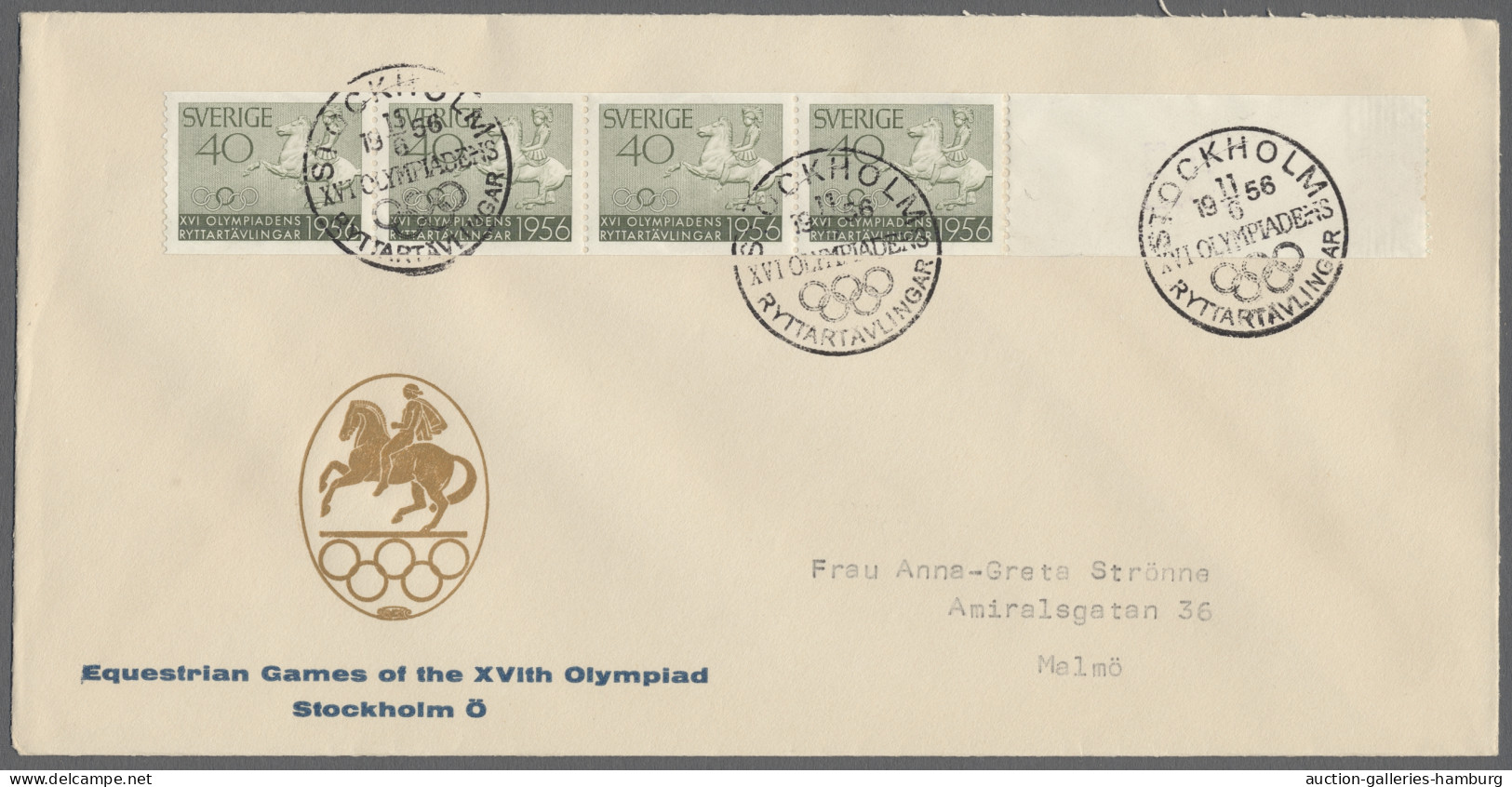 Cover Sweden: 1956, Reiterolympiade Stockholm, 40 Öre Dkl'gelbgrün Als Waagerechter Vi - Brieven En Documenten