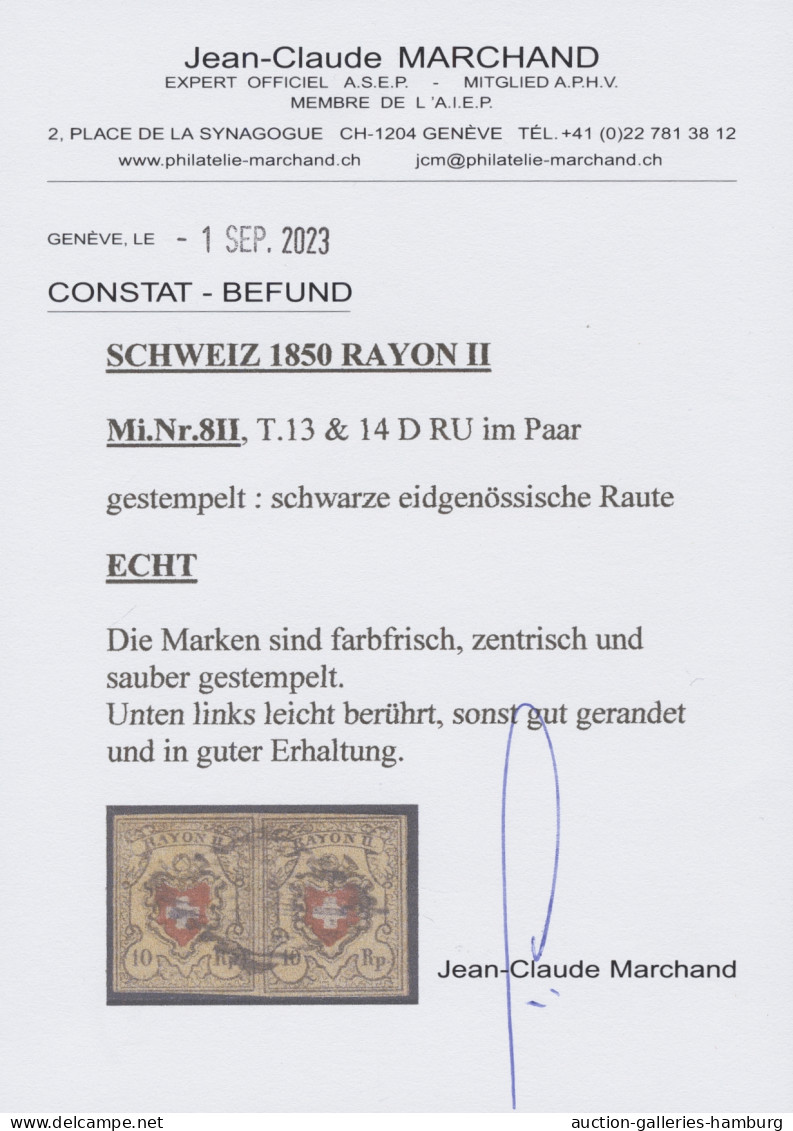 O/Paar Schweiz: 1850, Rayon II Ohne Kreuzeinfassung, 10 Rp. Schwarz / Hellrot / Bräunli - Oblitérés