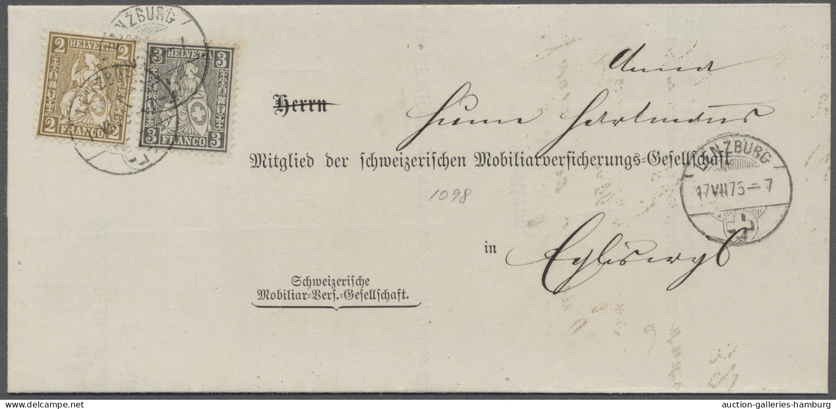 Brf. Schweiz: 1875, Sitzende Helvetia, 3 C. Grauschwarz In Portogerechter MiF Mit 2 C - Lettres & Documents