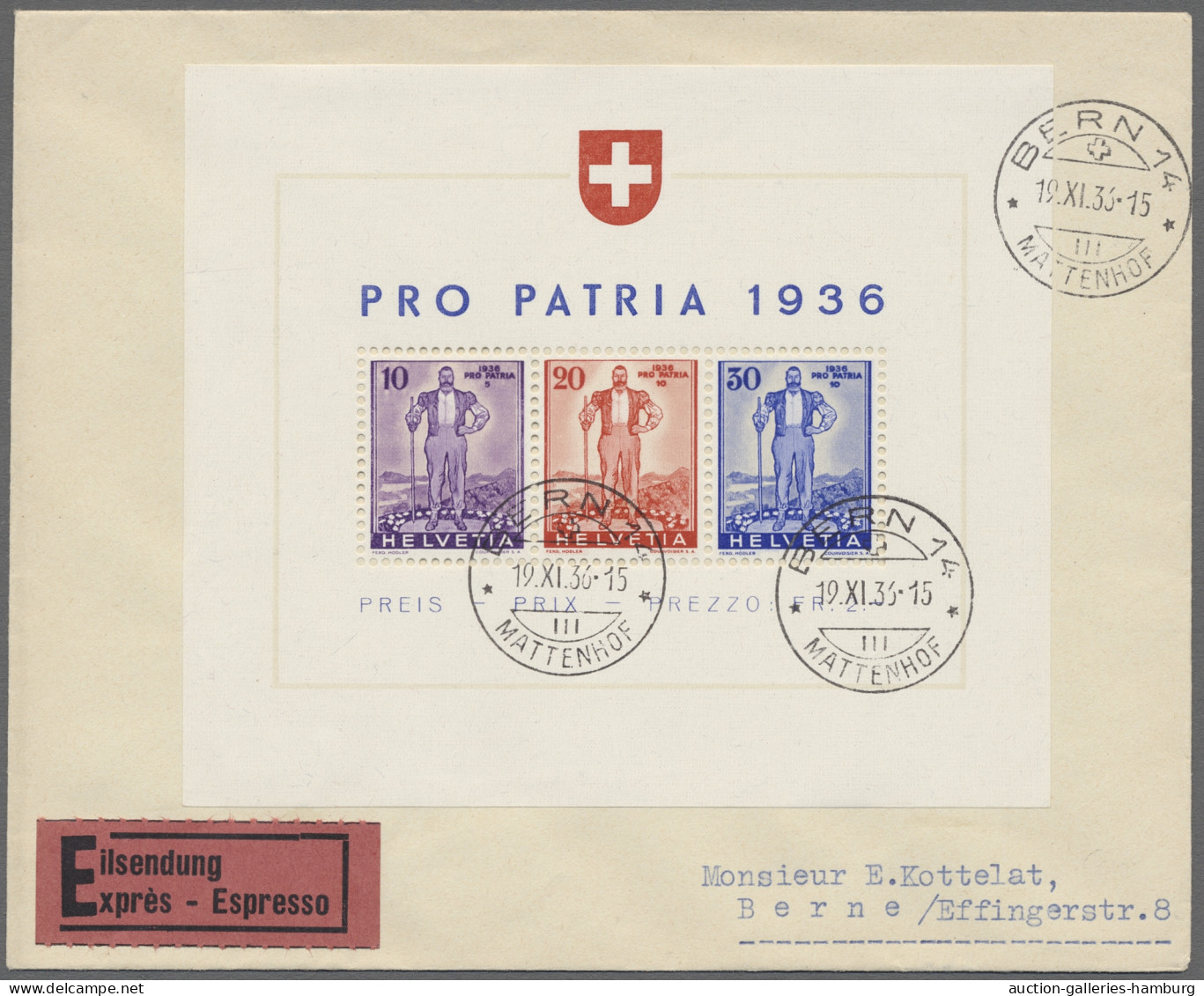 Brf. Schweiz: 1936, Pro Patria, Blockausgabe Auf Orts-R-Brief Innerhalb Von Bern, Ent - Lettres & Documents