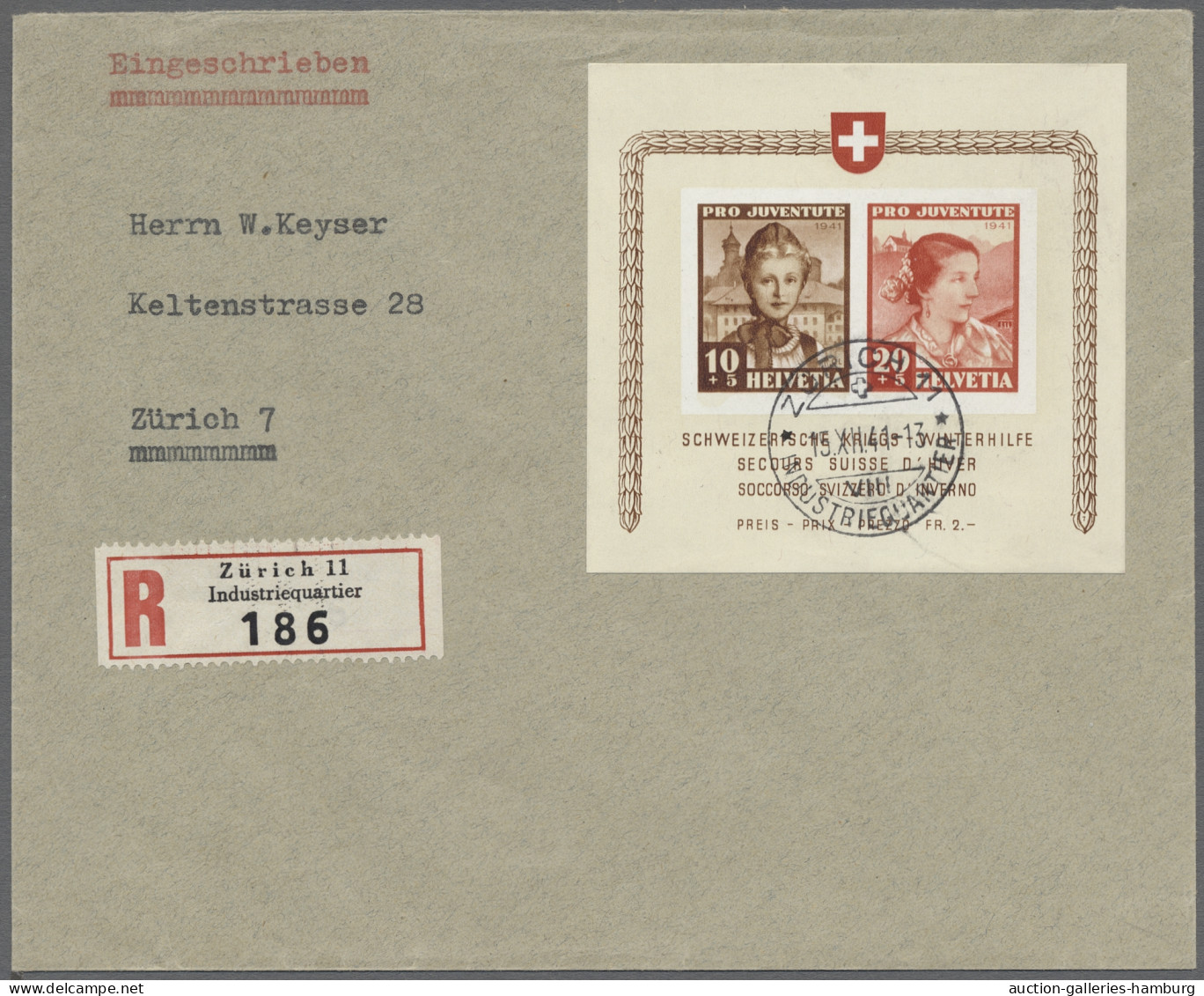 Brf. Schweiz: 1941, Pro Juventute, Block Als Portogerechte Frankatur Auf Orts-R-Brief - Cartas & Documentos