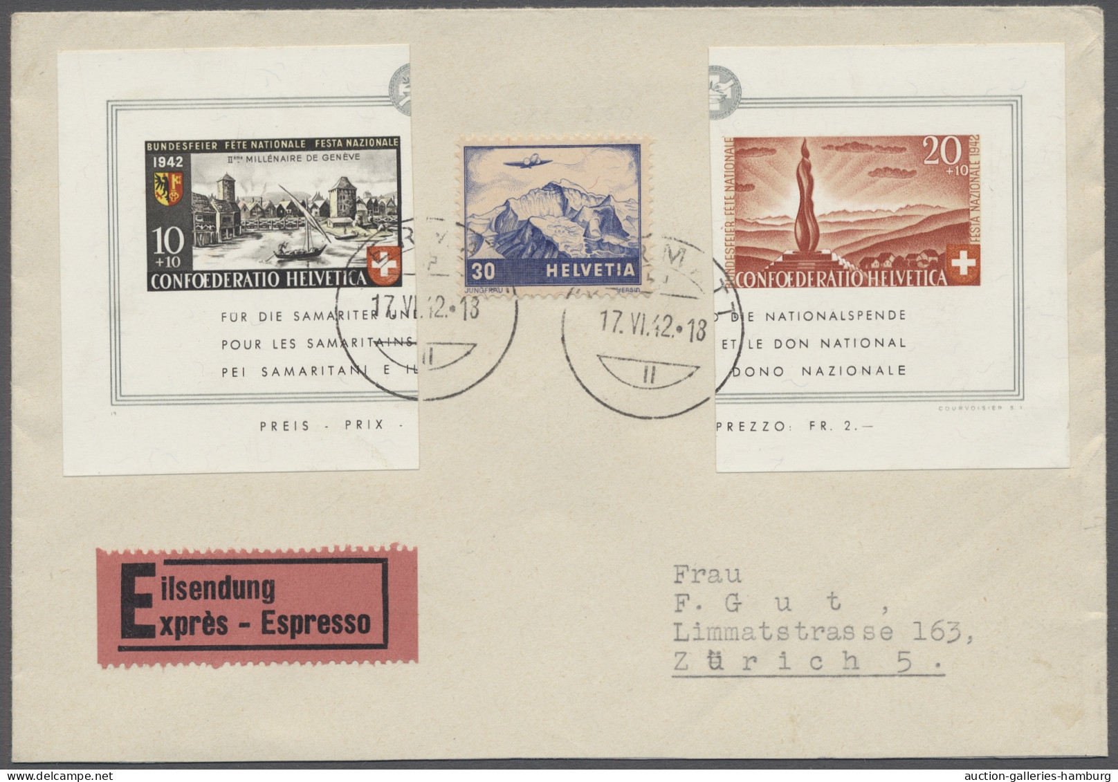 Brf. Schweiz: 1942, Pro Patria, Einzelmarken Aus Block Mit Zus.-Frankatur Flugpost, 3 - Cartas & Documentos