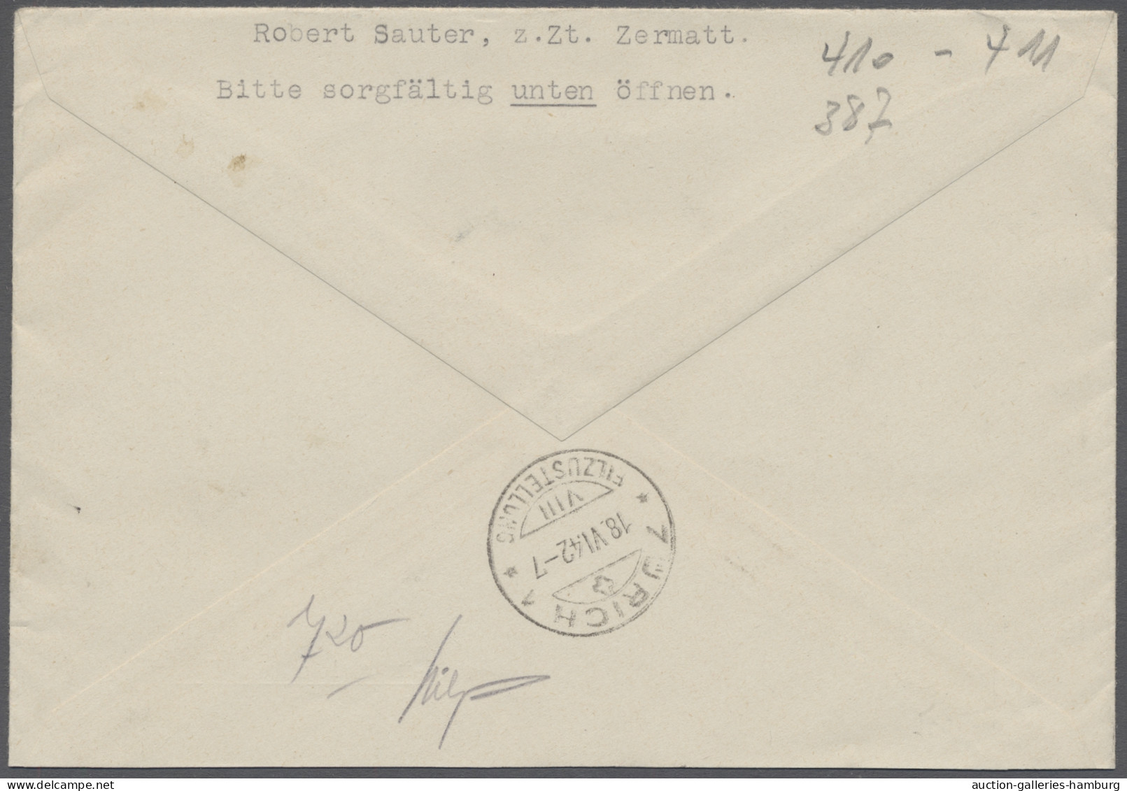 Brf. Schweiz: 1942, Pro Patria, Einzelmarken Aus Block Mit Zus.-Frankatur Flugpost, 3 - Lettres & Documents