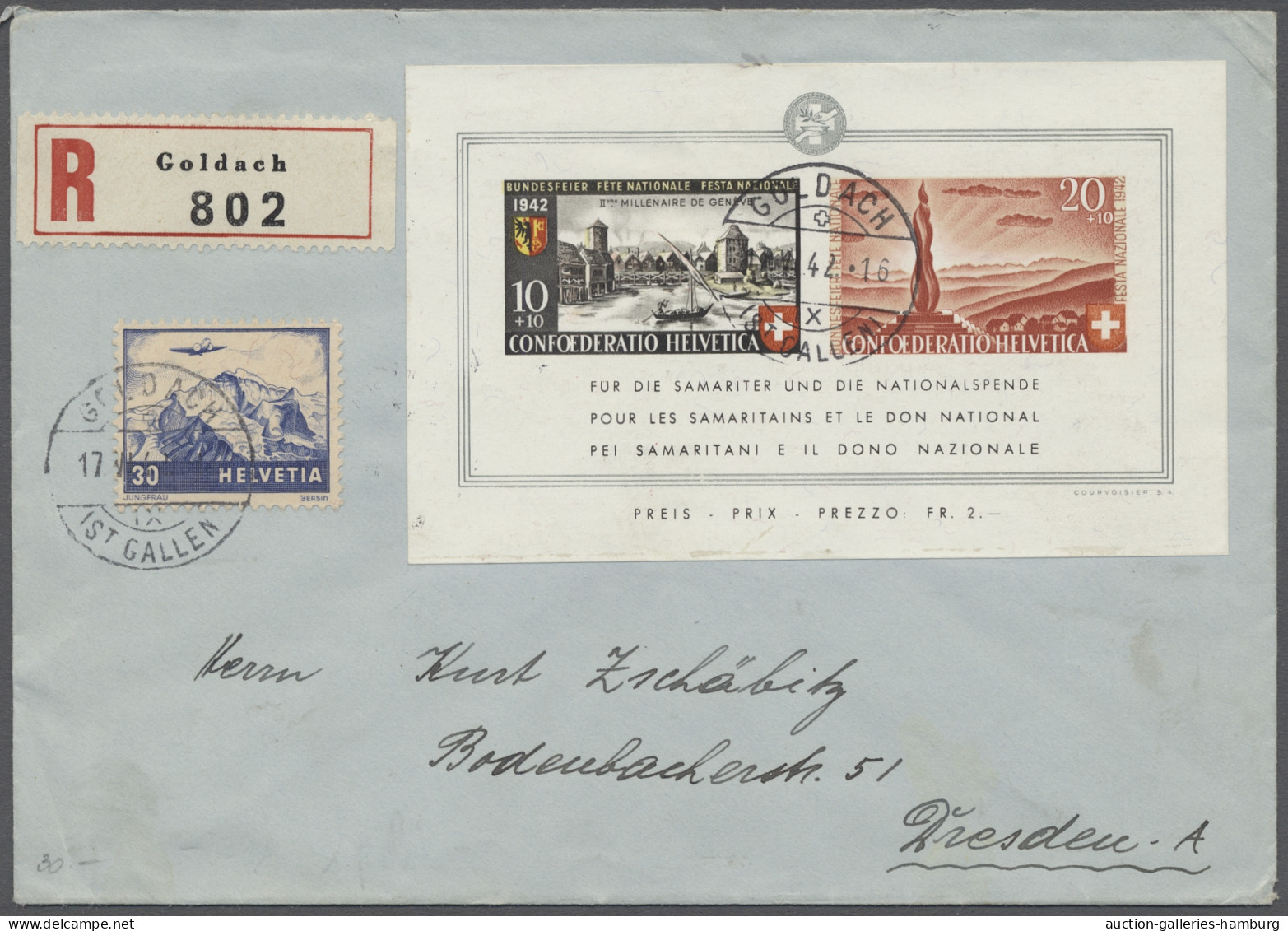 Brf. Schweiz: 1942, Pro Patria, Block Mit Zus.-Frankatur Flugpost, 30 Rp. Auf Portoge - Covers & Documents