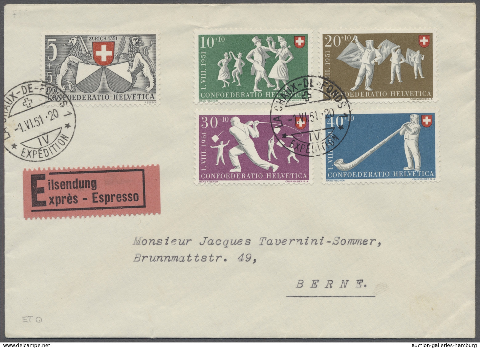 FDC Schweiz: 1951, Pro Patria, Vollständiger Satz Auf FDC-Eilbrief Aus La-Chaux-de-F - Briefe U. Dokumente