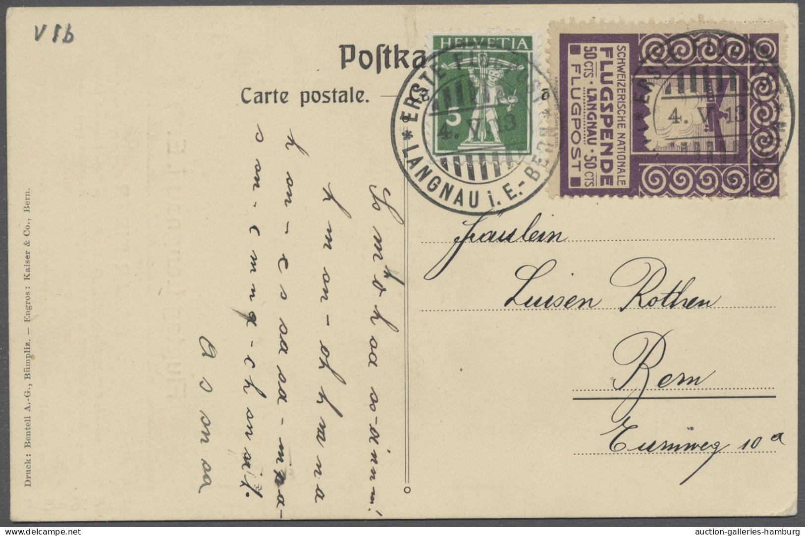 Flugpost Schweiz - Halbamtliche Flugmarken: 1913, Flugpost Langnau (im Emmental) -Bern, 5 - Autres Documents
