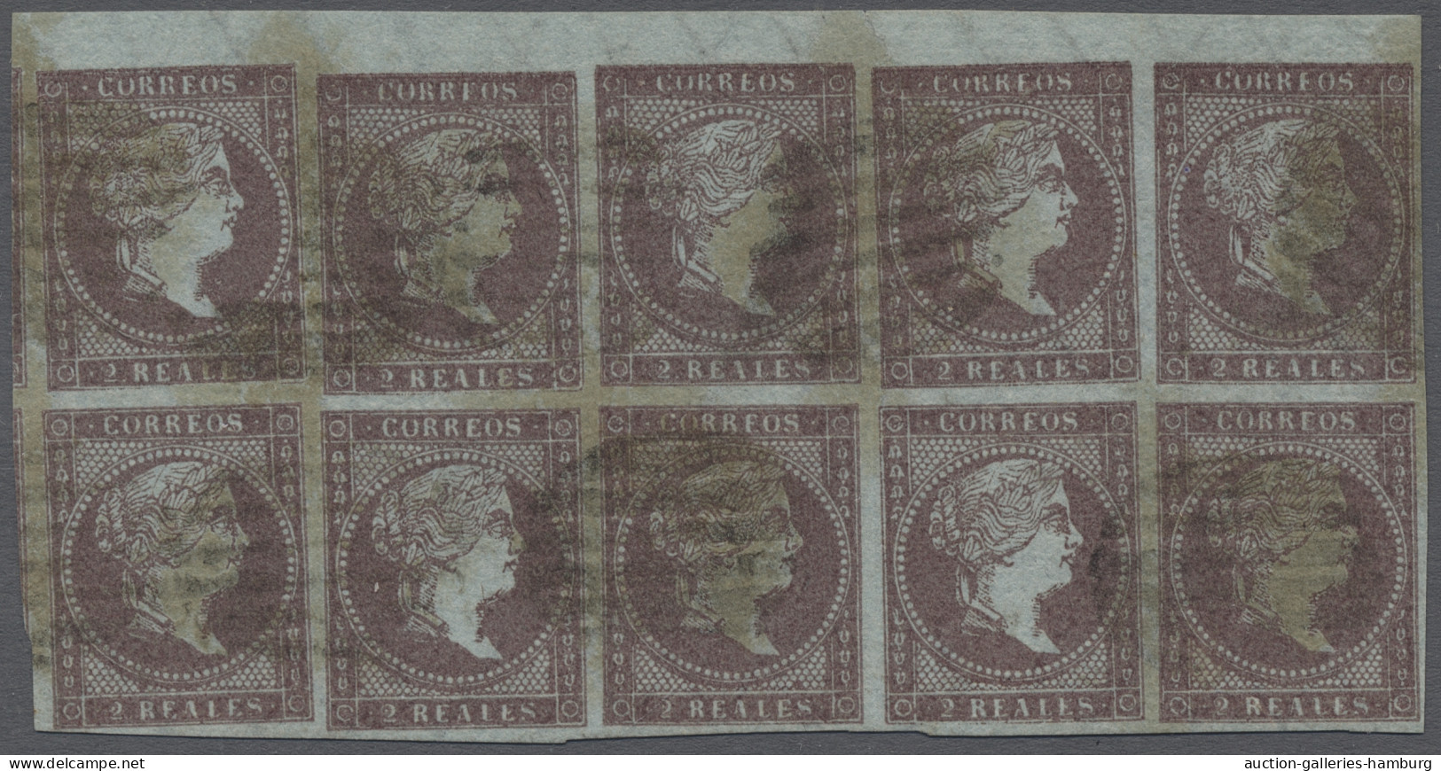 O Spain: 1 R. Horizontal Block Of 10 From Upper Sheet Margin, Fine Used, Impressiv - Used Stamps