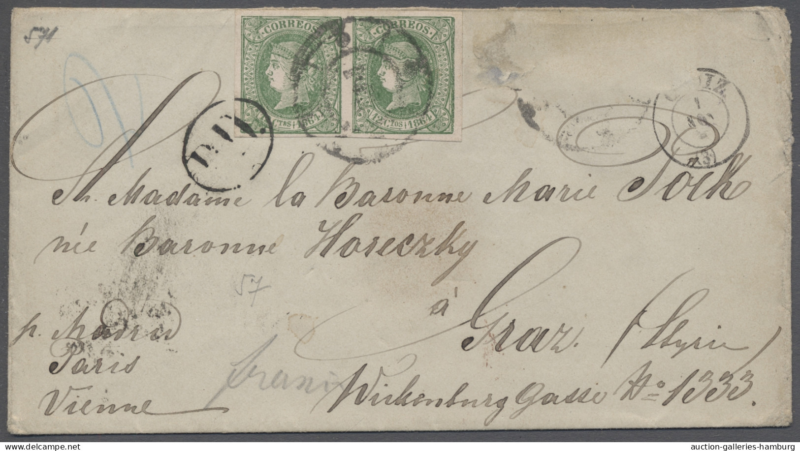 Cover Spain: 1864, 12cs. Green Horizontal Pair With Large Margins All Around On Cover - Brieven En Documenten