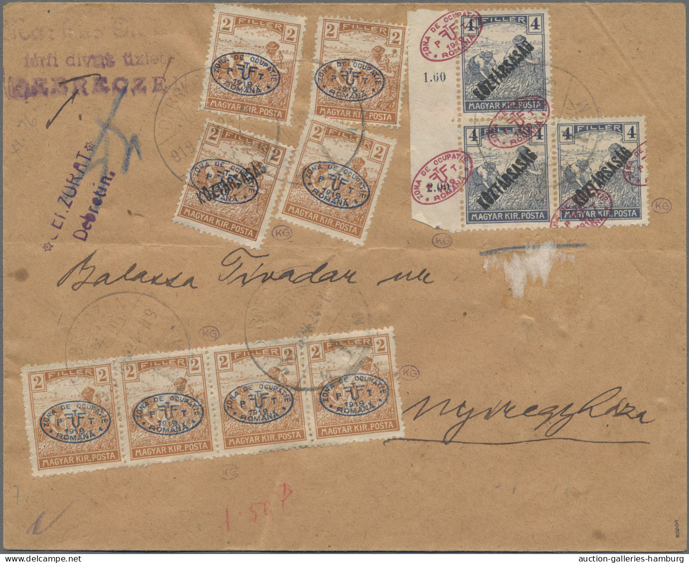 Cover Hungary: 1919, Schnitter/Köztarsasag 4f. Schiefer, Dreierstreifen Vom Linken Ran - Debreczin