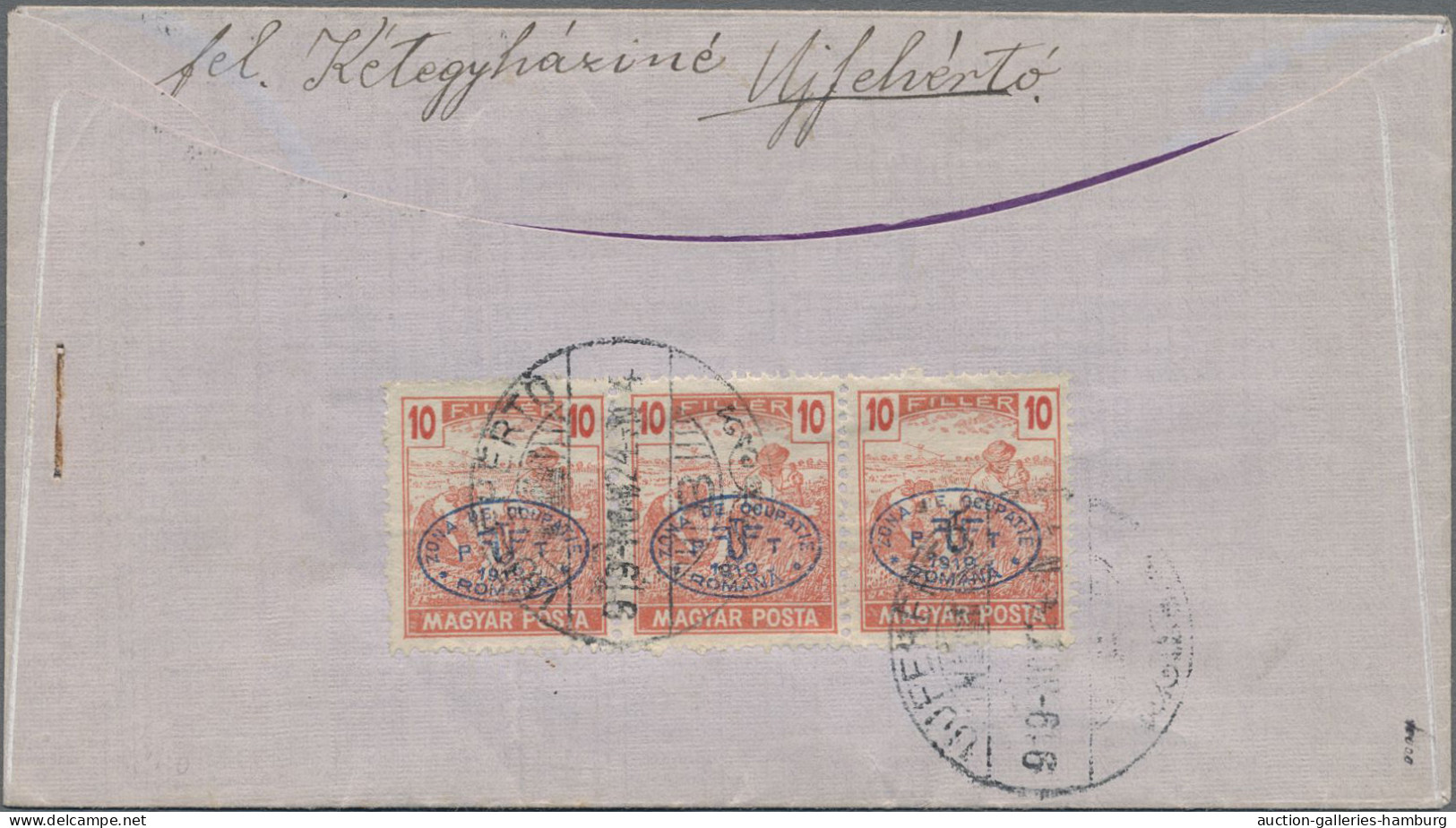 Cover Hungary: 1919, Harvester/Magyar Posta 10f. Rose, Horizontal Strip Of Three On Re - Debrecen