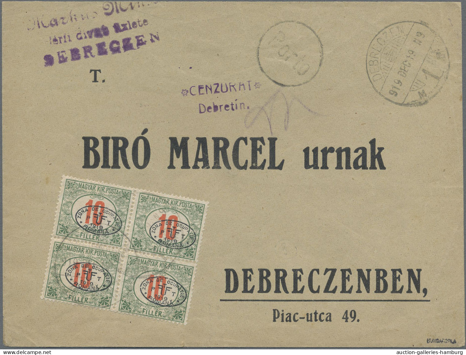 Cover Hungary - Postage Dues: 1919, 10f. Green/red Block Of Four On Local Cover "DEBRE - Debrecen