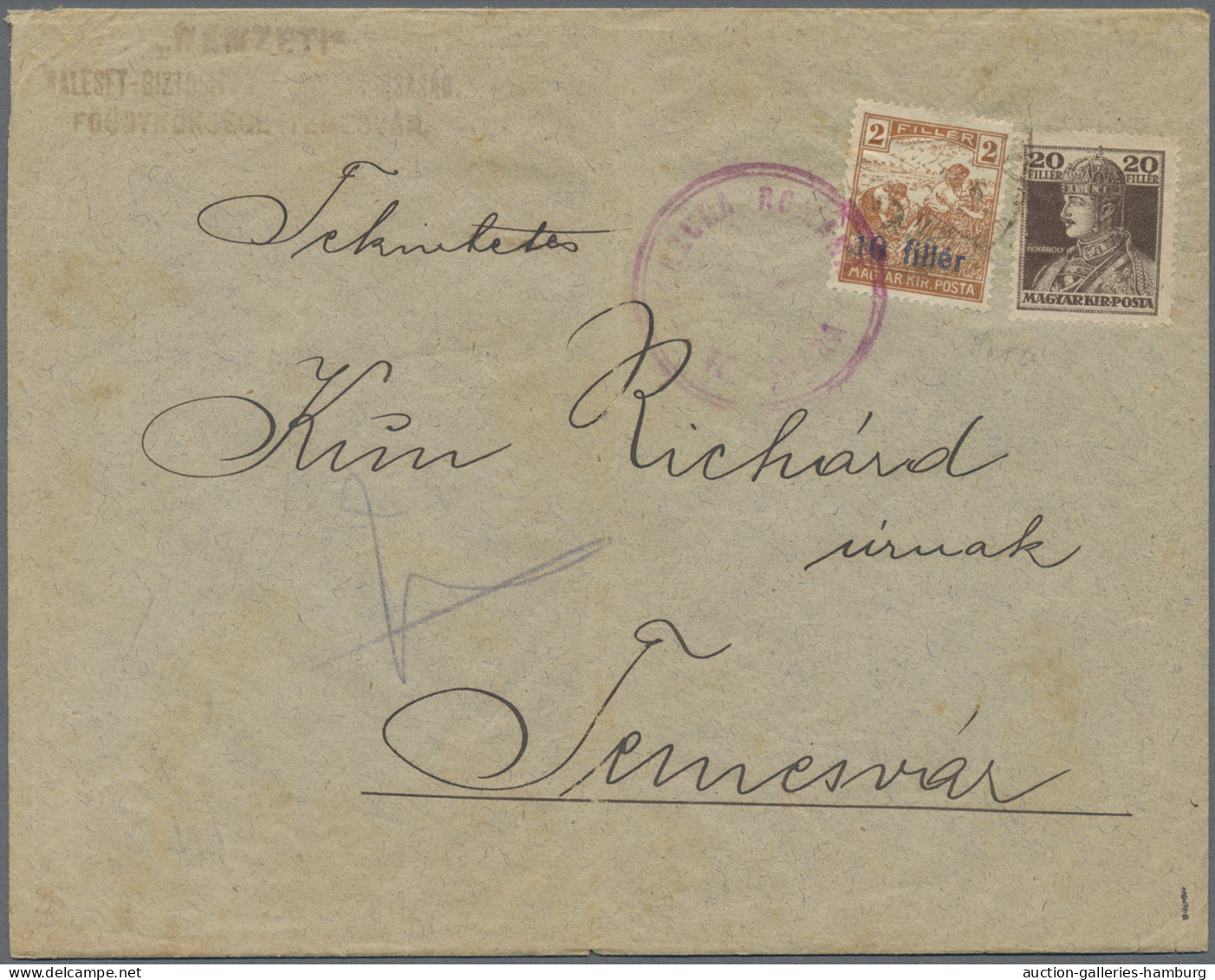 Cover Hungary: 1919, 10f. On 2f. Ocre, Black Overprint, In Combination With Hungary 20 - Temesvár