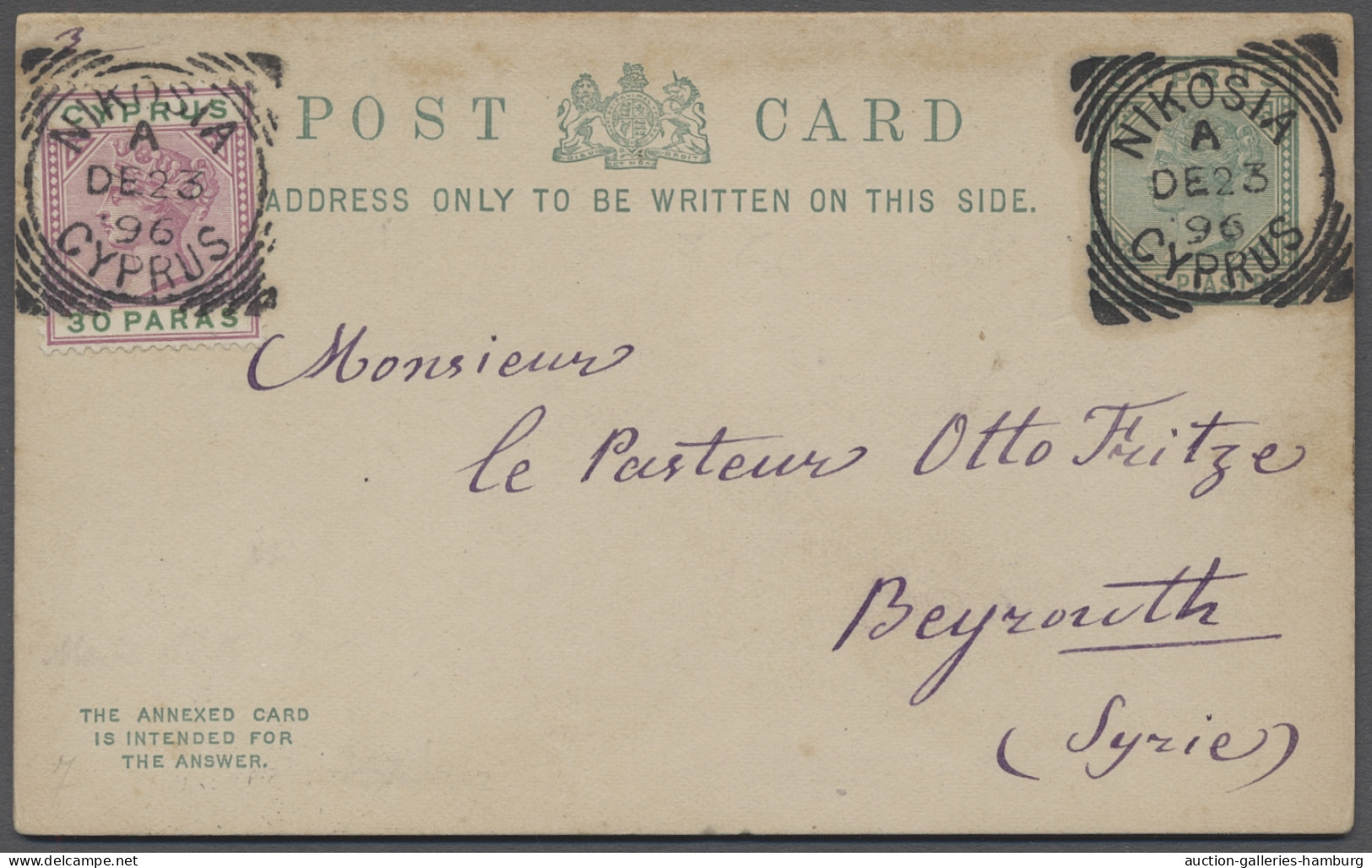 GA Cyprus - Postal Stationery: 1896, Victoria, 1/2 Penny Grün, Antwortkarte Aus Nik - Other