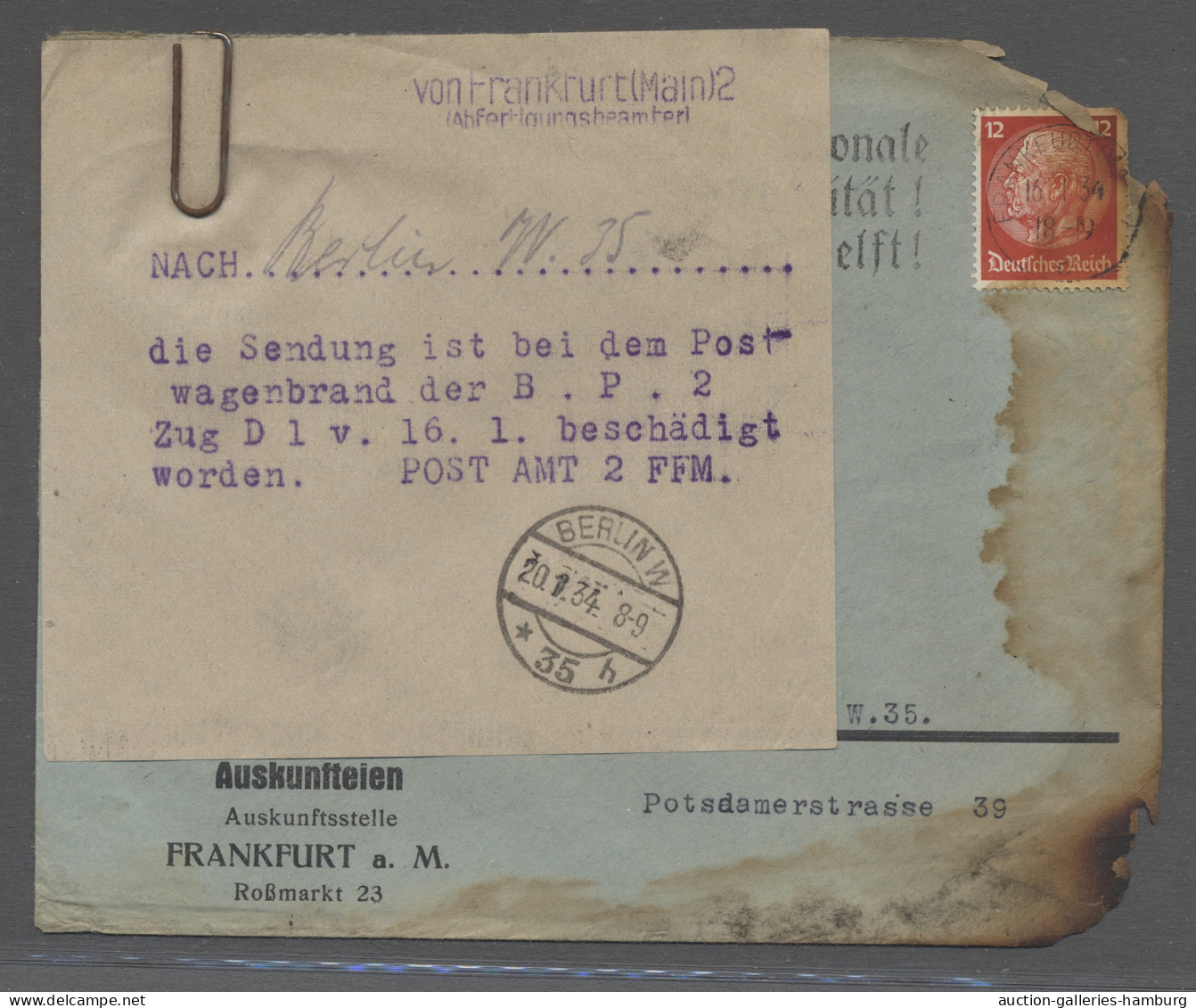 Cover Desaster Mail: POSTWAGENBRAND; 1934, Partie Von 3 Teils Stärker Angebrannten 3. - Andere & Zonder Classificatie