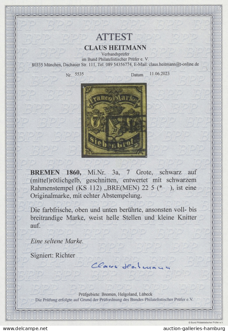 O Bremen - Marken Und Briefe: 1860, Freimarke 7 Grote Schwarz Auf (mittel)rötlichg - Bremen