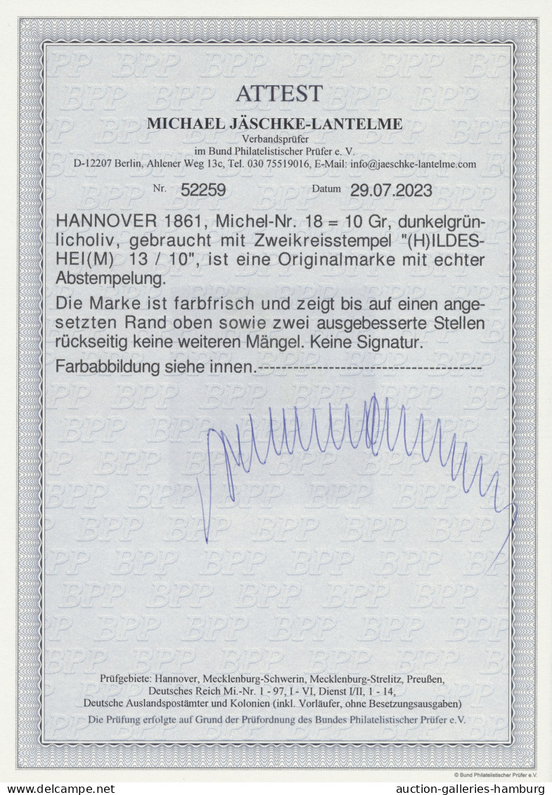 O Hannover - Marken Und Briefe: 1861, "Georg V." 10 Gr. Dunkelgrünlicholiv, Dreise - Hanover