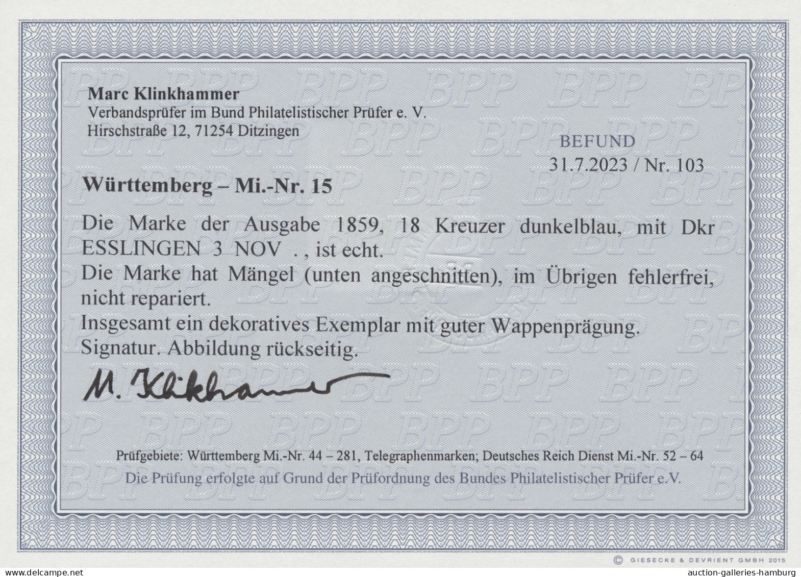 O Württemberg - Marken Und Briefe: 1859, Freimarke 18 Kreuzer Dunkelblau Auf Papie - Sonstige & Ohne Zuordnung