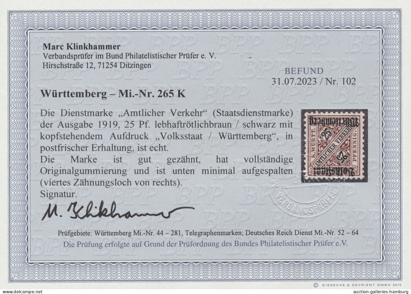 ** Württemberg - Marken Und Briefe: 1919, "Amtlicher Verkehr"-Dienstmarke 25 Pfg. L - Other & Unclassified