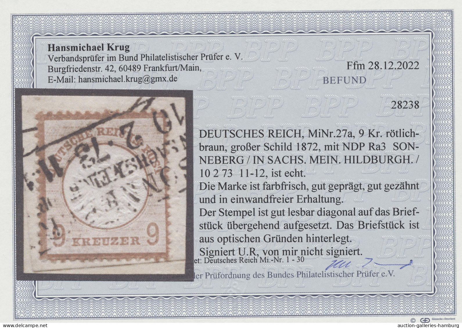 Briefstück Deutsches Reich - Brustschild: 1872, Großer Brustschild 9 Kr. Rötlichbraun, Entw - Andere & Zonder Classificatie