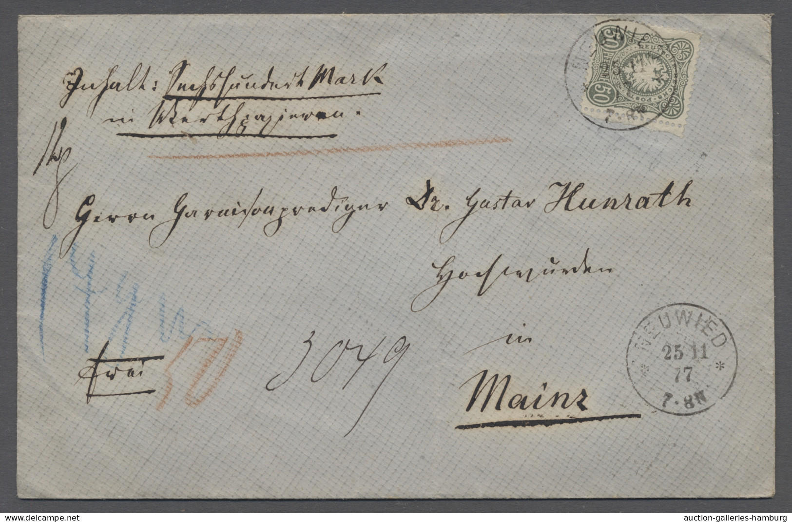 Brf. Deutsches Reich - Pfennige: 1877, 50 Pfennige Graugrün, Farbfrische, Gut Zentrie - Lettres & Documents