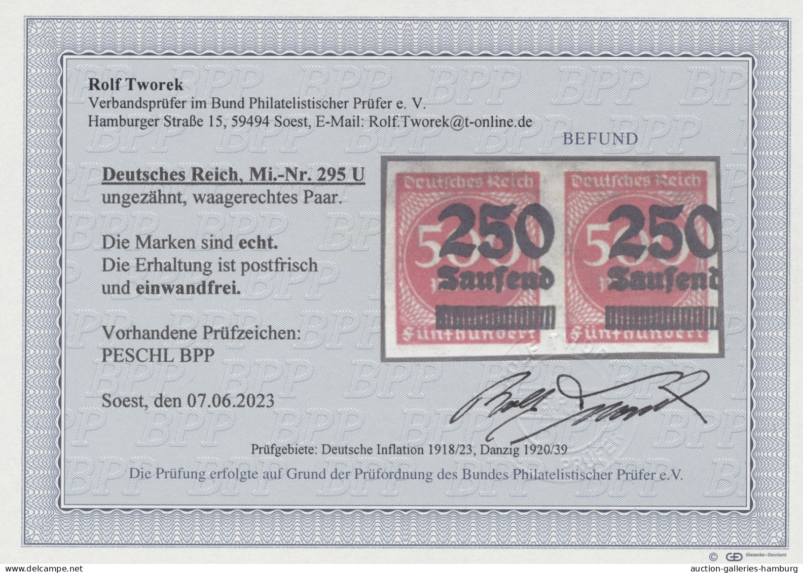 Paar/** Deutsches Reich - Inflation: 1923, Freimarke 250 Tausend Auf 500 Mark Hell- Bis - Neufs