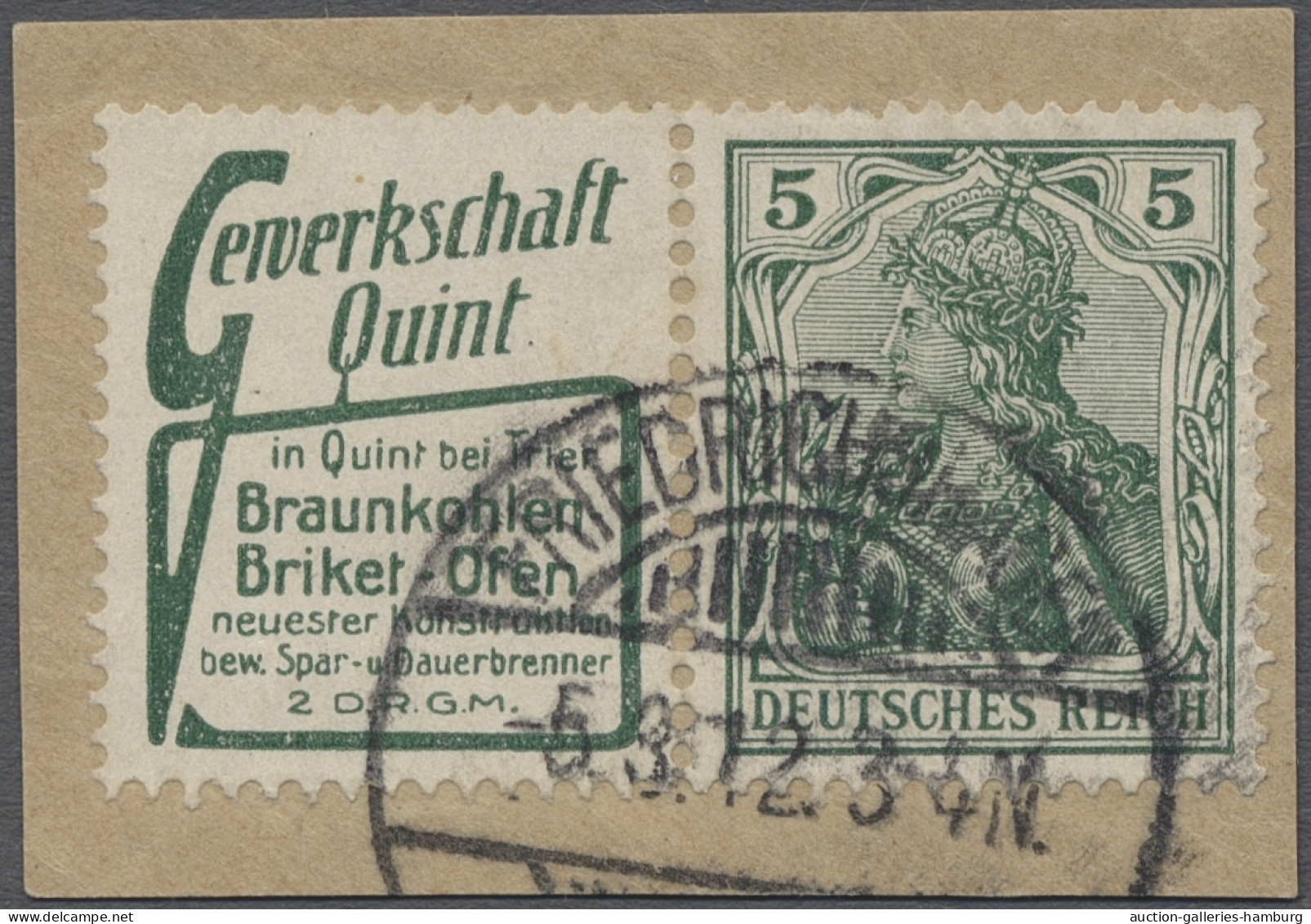 Briefstück Deutsches Reich - Zusammendrucke: 1911, Germania 5 Pfg. Grün Mit Links Anhängend - Se-Tenant