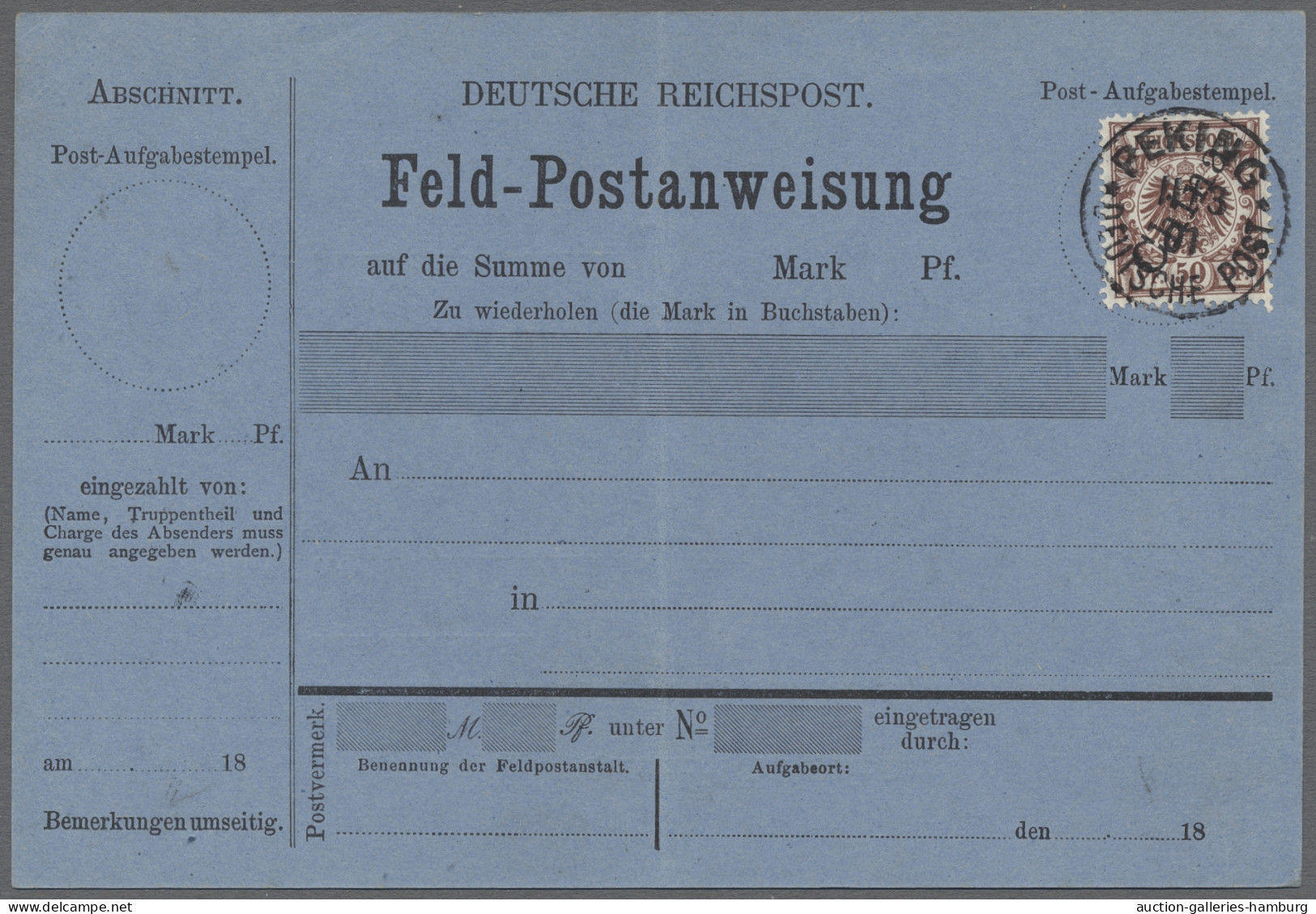 Brf. Deutsche Post In China: 1901, Blaue "Feld-Postanweisung" Mit Aufgeklebter 50 Pfg - China (offices)