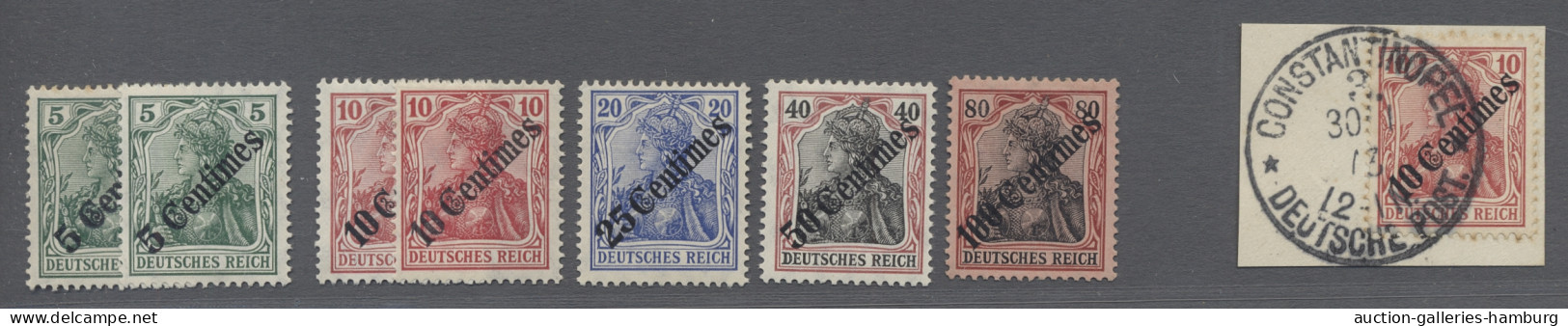 **/*/o Deutsche Post in Marokko: 1908, Germania mit diagonalem Aufdruck, 5 C. - 100 C.