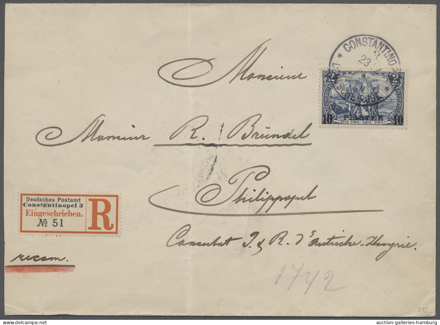 Brf. Deutsche Post In Der Türkei: 1905, Reichspost, 2 Mark Mit Aufdruck "10 Piaster", - Turquia (oficinas)