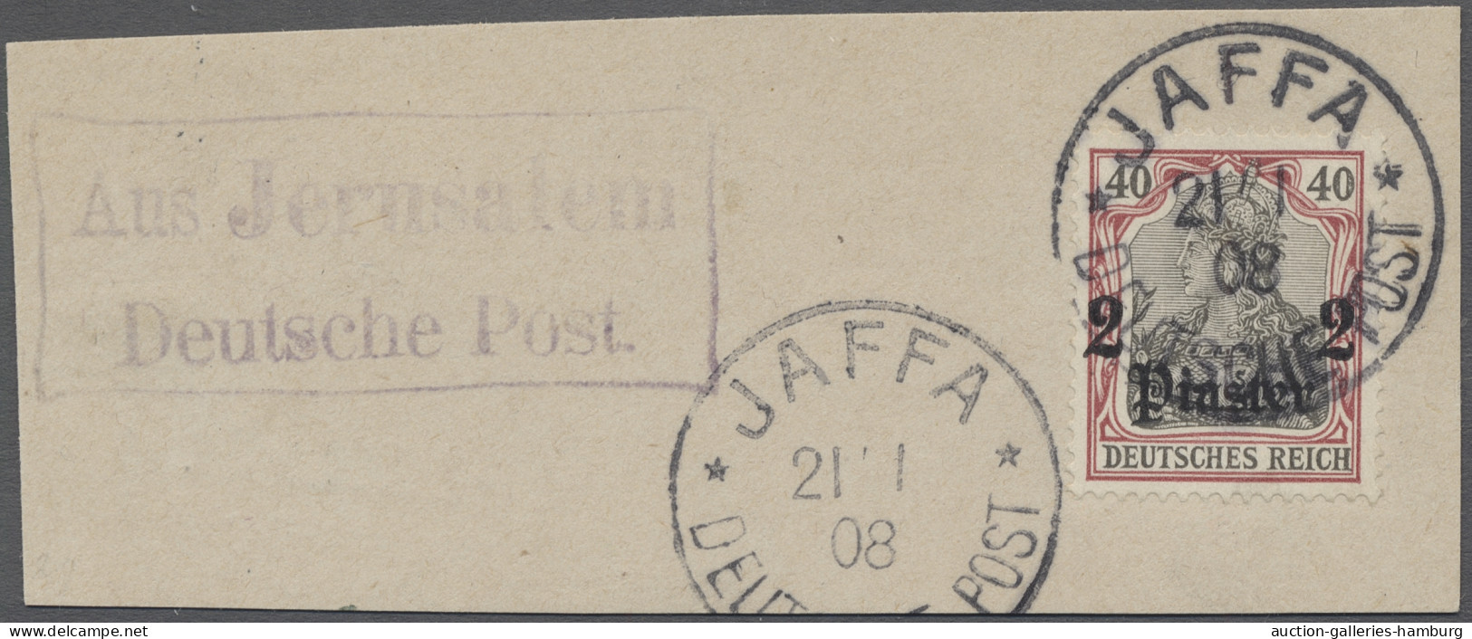 Briefstück Deutsche Post In Der Türkei: 1908, "Aus JERUSALEM / Deutsche Post", (rot-)violet - Turquie (bureaux)