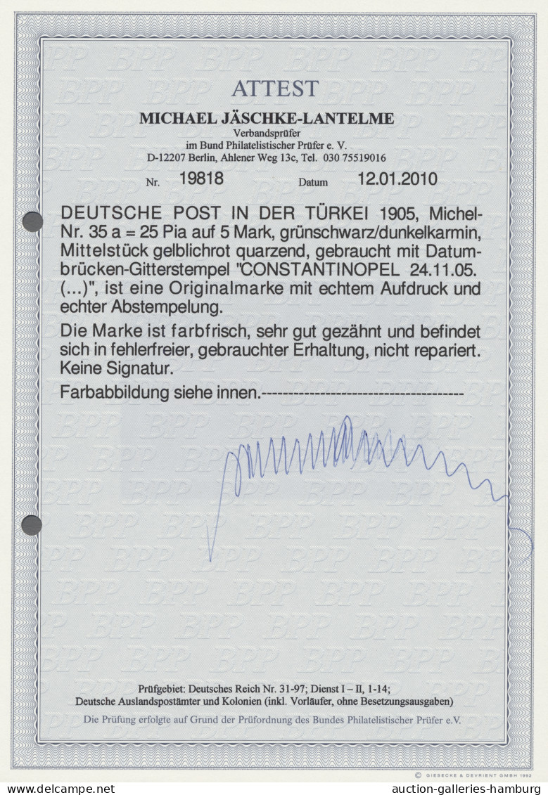 O Deutsche Post In Der Türkei: 1905, DEUTSCHES REICH Ohne Wz., 25 Piaster Auf 5 Ma - Deutsche Post In Der Türkei