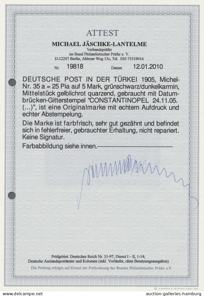 O Deutsche Post In Der Türkei: 1905, DEUTSCHES REICH Ohne Wz., 25 Piaster Auf 5 Ma - Turkse Rijk (kantoren)