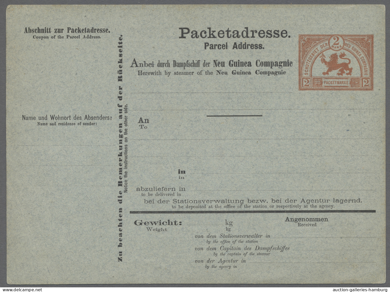 GA Deutsch-Neuguinea - Vorläufer: 1888, Paketkarte Der Neuguinea-Compagnie Ungebrau - German New Guinea