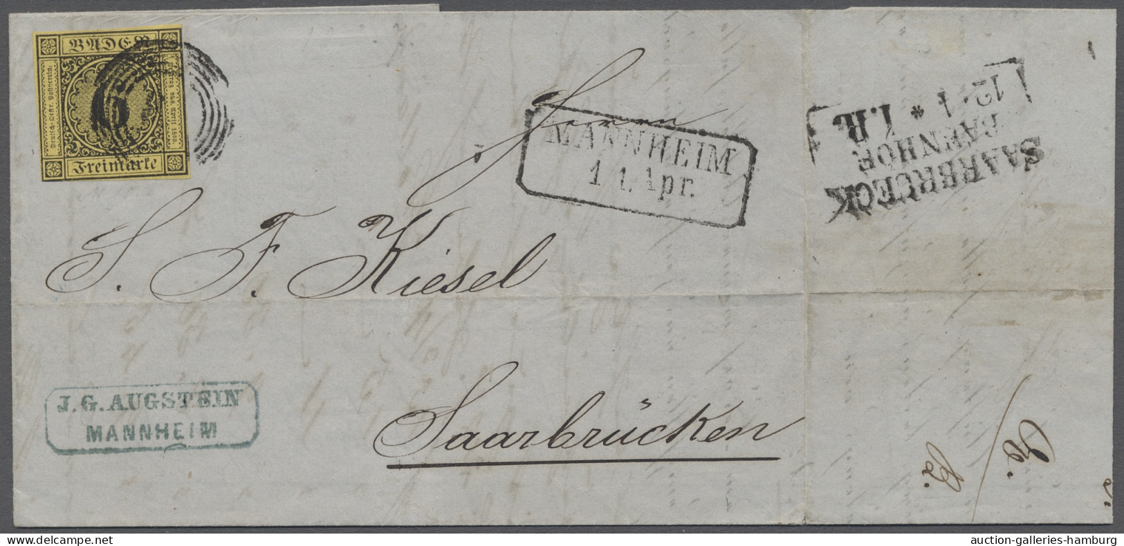 Brf. Deutsche Abstimmungsgebiete: Saargebiet - Besonderheiten: 1859, Baden, 6 Kr. Sch - Lettres & Documents