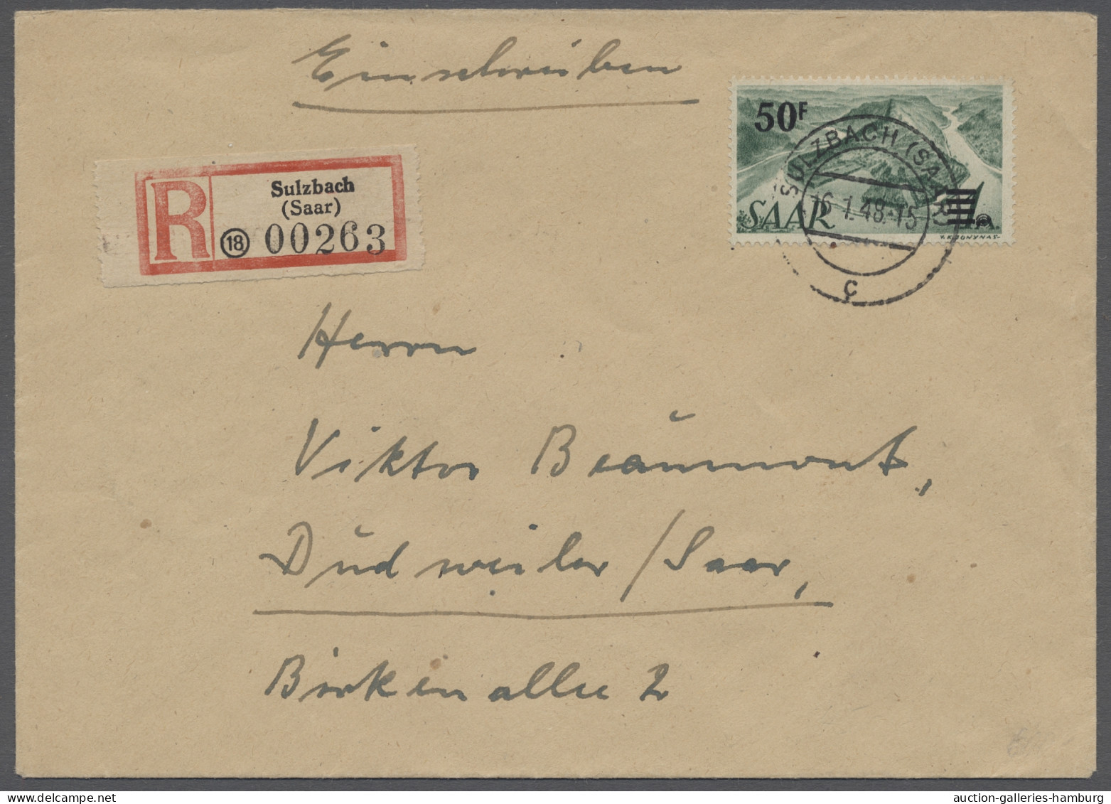 Brf. Saarland (1947/56): 1948, 50 Fr. Auf 1 M Schwärzlichgraugrün Mit Schwarzem Aufdr - Covers & Documents