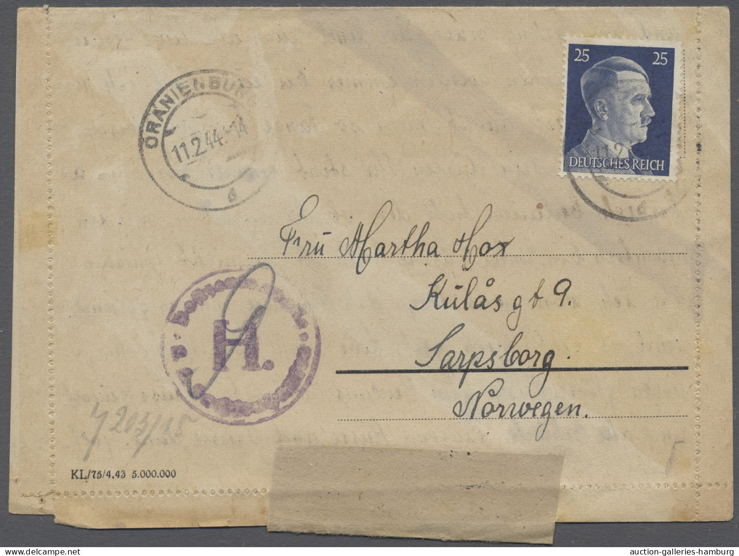 Brf. KZ-Post: 1944, 11.2., Brief Aus Dem KZ Sachsenhausen Mit 25 Pfg. Hitler Nach Nor - Briefe U. Dokumente