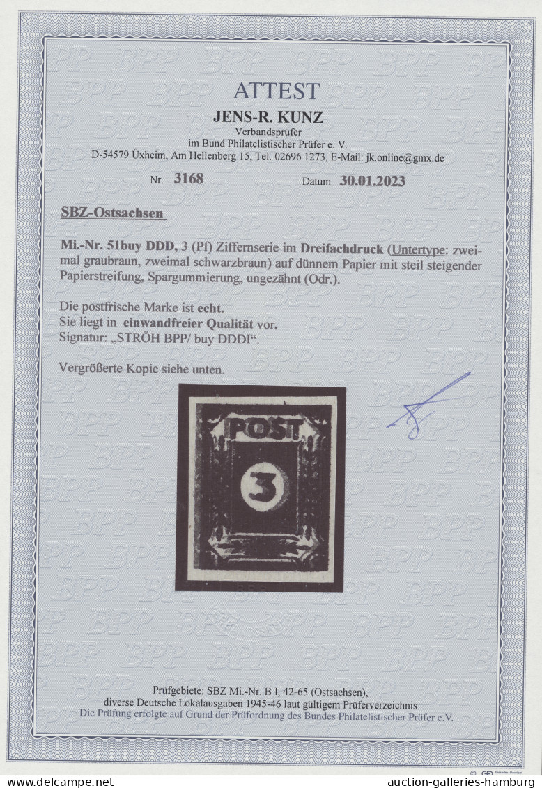 ** Sowjetische Zone - Ost-Sachsen: 1945, Freimarke 3 Pfg. Im Dreifachdruck (zweimal - Andere & Zonder Classificatie