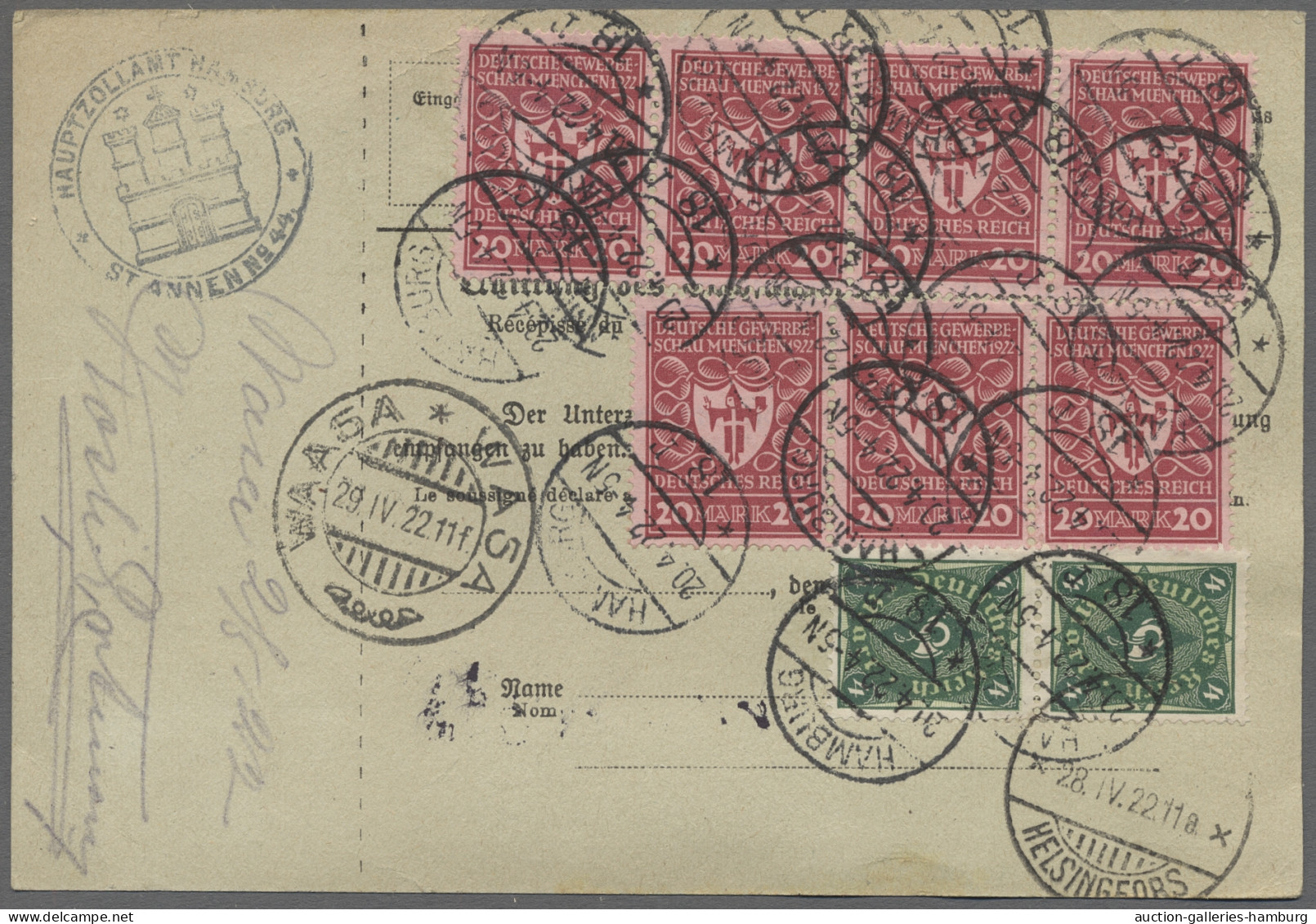 Brf. Deutsches Reich: 1908-1922, Partie von 25 nach Finnland gelaufenen Auslandspaket