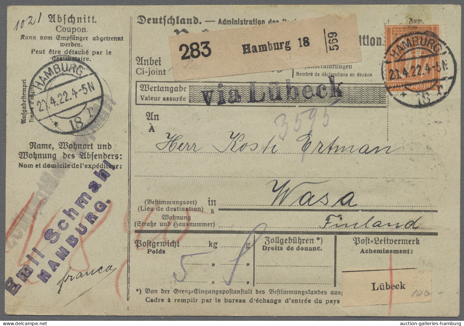 Brf. Deutsches Reich: 1908-1922, Partie von 25 nach Finnland gelaufenen Auslandspaket