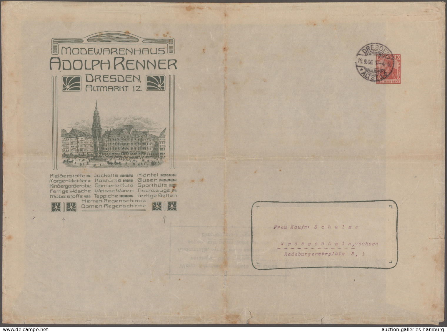 GA Deutsches Reich - Privatganzsachen: 1906/1911, Modehaus Adolph Renner, Dresden, - Autres & Non Classés