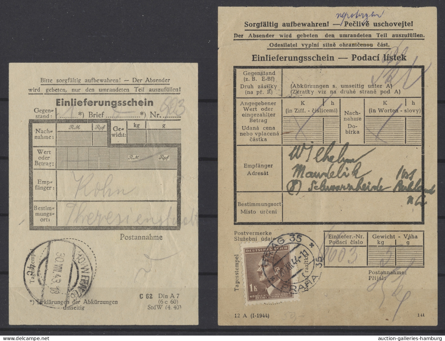 Brf. Deutsche Besetzung II. WK: 1941-1944, Partie Von 3 Einlieferungsscheinen, Davon - Occupation 1938-45