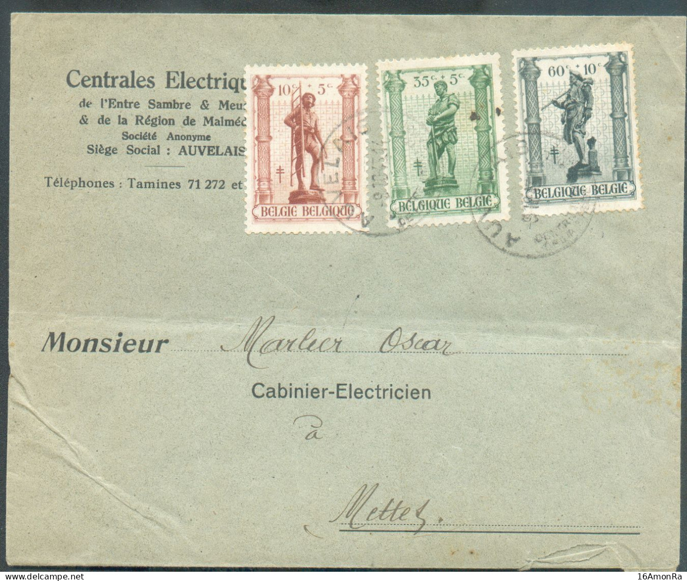 N°619 - 1Fr. METIER Obl. Sc AUVELAIS Sur Lettre Vers Mettet. -  21689 - Briefe U. Dokumente