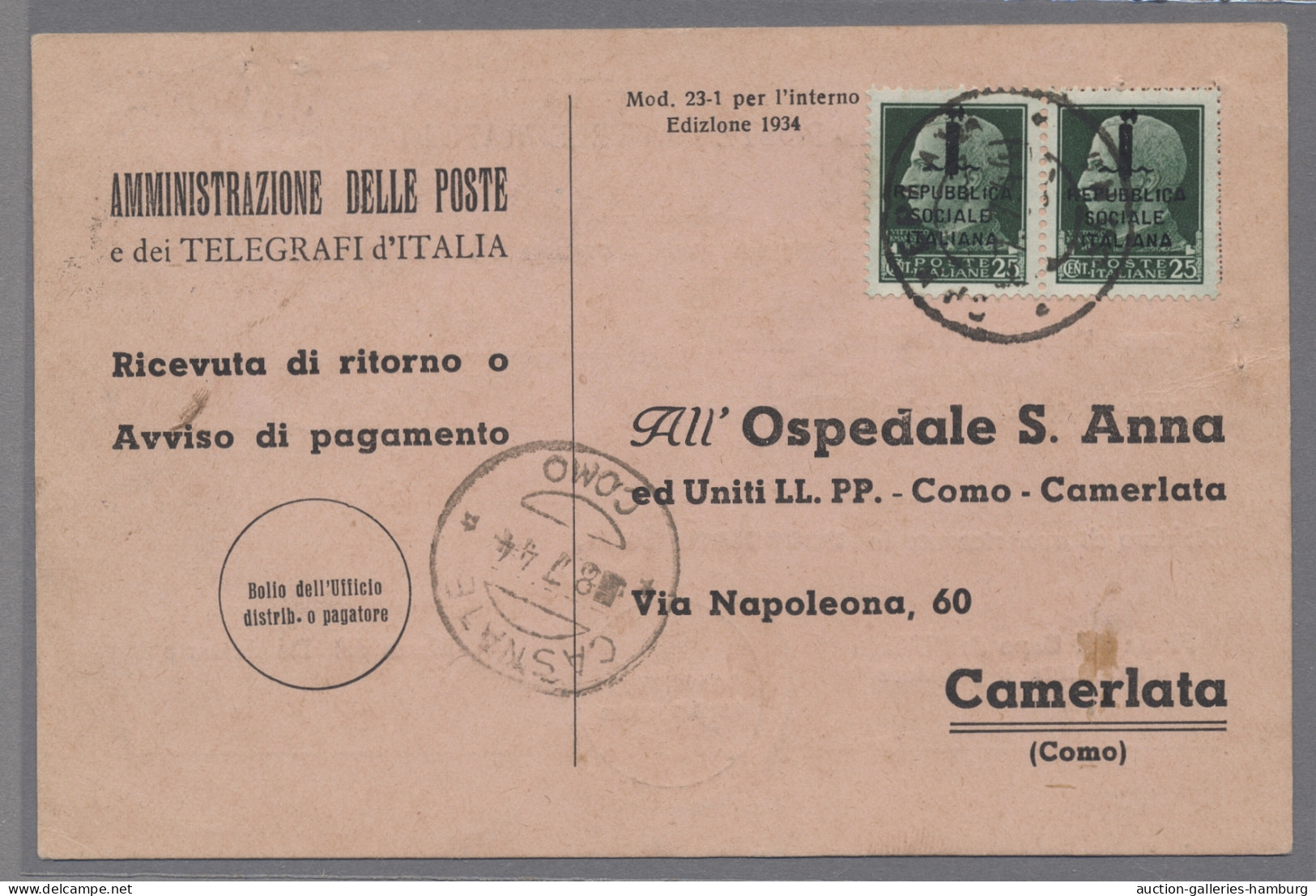 Cover Italy: 1867-1946, Empfangsbestätigungen / Rückscheine (ricevuta di ritorno), abw